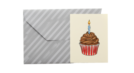 Isolated Birthday Cupcake with Burning Candle and Envelope for Celebration