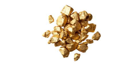 Gold nuggets cluster, precious metal ore pieces, pure bullion, cut out transparent