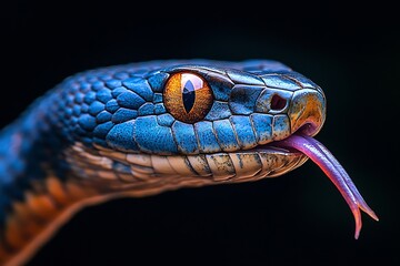 Fototapeta premium Close Up of a Blue Snake with Orange Eye and Forked Tongue Wildlife Photography : Generative AI