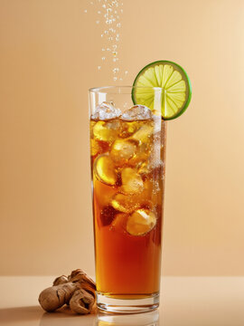 Vivid design food and beverage advertisement: A refreshing glass of iced tea with ice cubes, a lime wedge, and ginger slices sits against a warm-toned background, creating a visually appealing bever