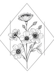 Naklejka premium Elegant Floral Line Art Bouquet in a Diamond Frame