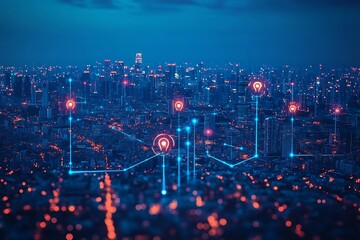 Connected Cityscape at Night Network Lines and Data Points Linking Buildings for Communication and Tech : Generative AI