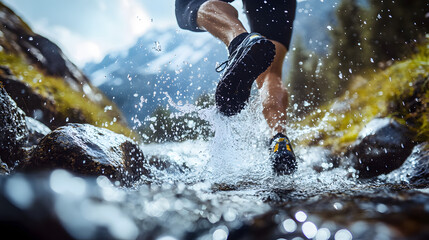 Trail runner crossing a stream in the mountains, splashing water.  Active lifestyle, outdoor adventure, and determination.