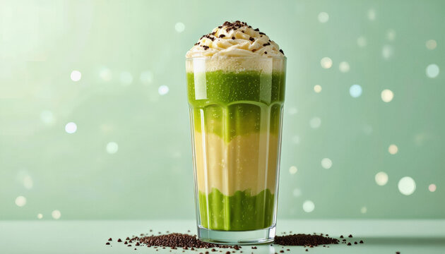 Vivid design food and beverage advertisement: A vibrant green matcha smoothie layered with a creamy yellow base, topped with whipped cream and chocolate sprinkles, sits in a clear glass against a bo