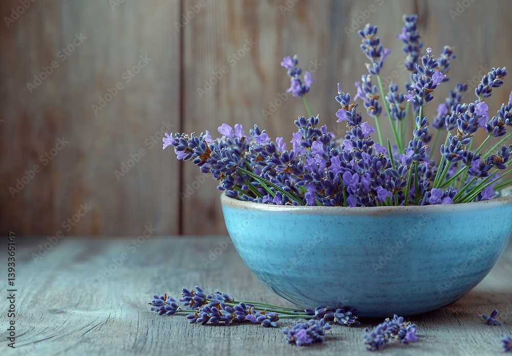Aufkleber fresh lavender flowers beautifully arranged in a bowl on a rustic wooden surface : generative ai