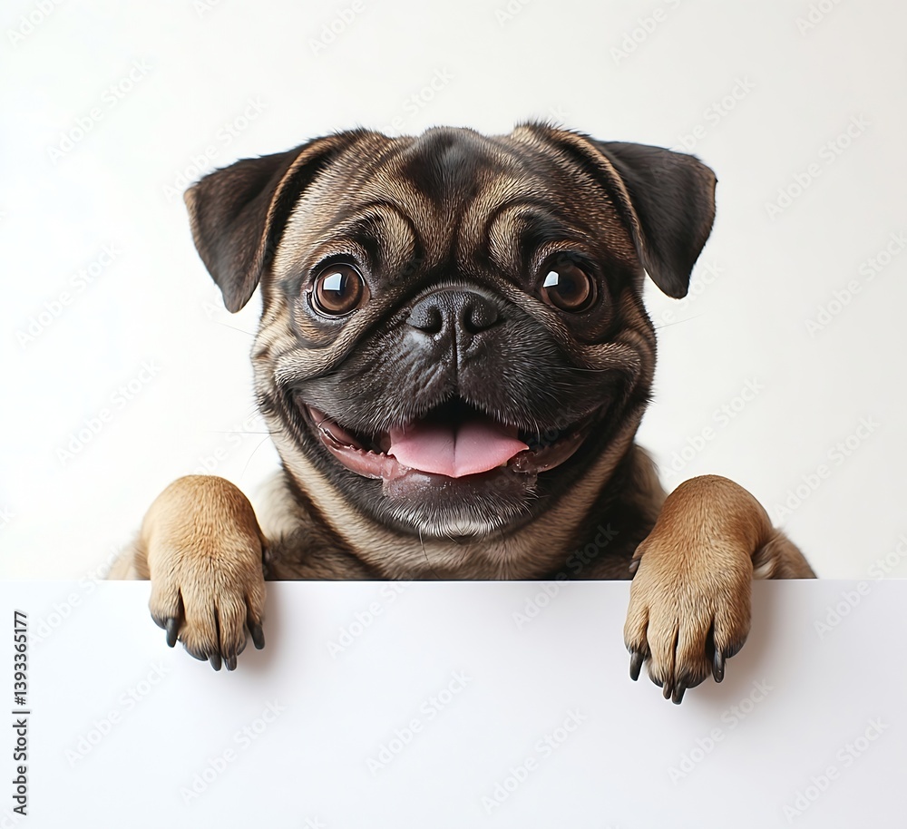 Poster adorable pug puppy peeking over edge cute dog smiling funny animal portrait expressive face white ba