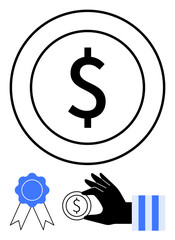 Dollar coin in center symbolizing financial focus, hand holding coin for investment and value, badge for achievement and award. Ideal for finance, success, investment, savings, awards, recognition