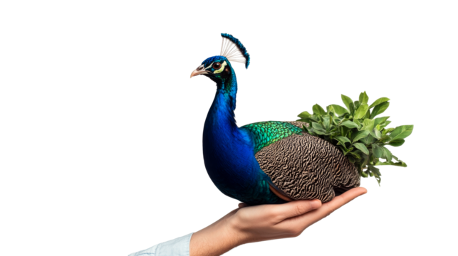Peacock resting in the palm of a hand on black background, cut out transparent