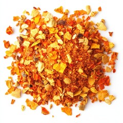 Close up shot of a pile of dried orange and yellow spice mixture isolated on white background