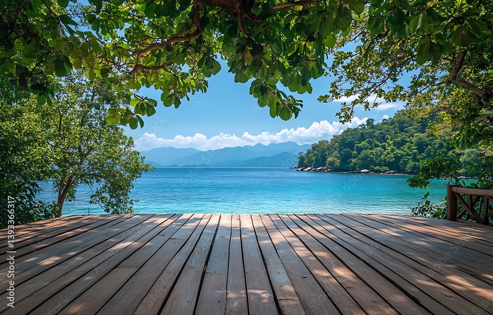 Poster serene beach view with clear blue water surrounded by lush greenery and majestic mountains in the ba