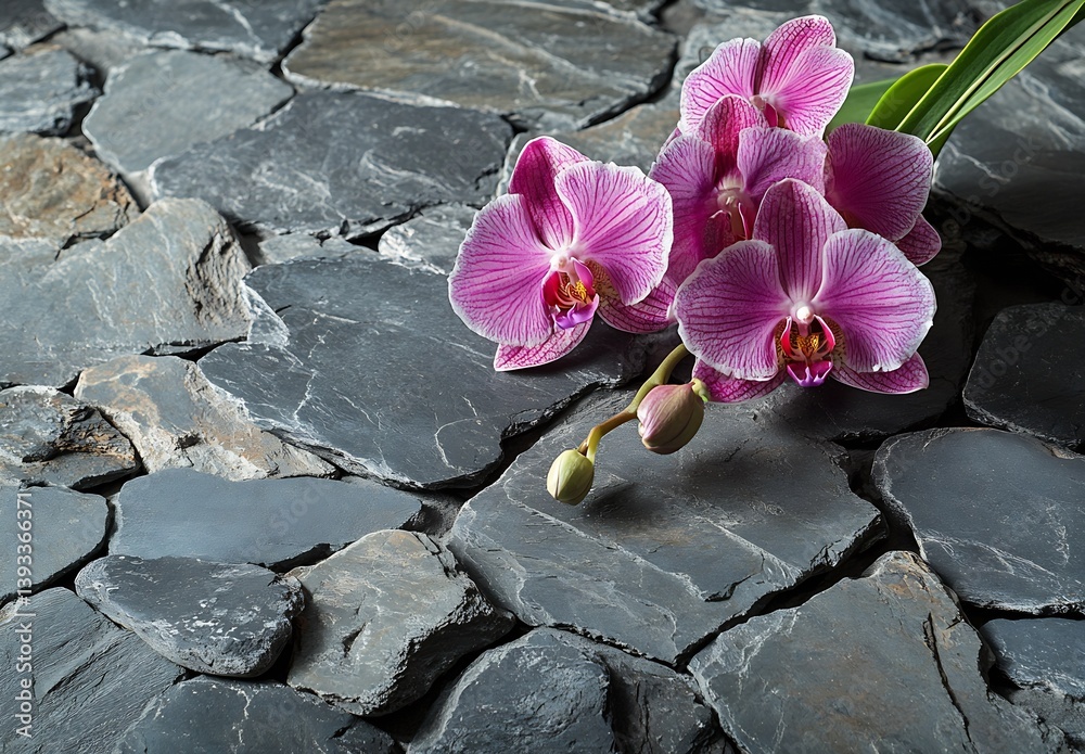 Aufkleber charming pink orchids on textured slate background surrounded by smooth stones : generative ai