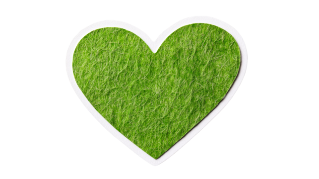 Green heart with grass texture and a white border, cut out transparent