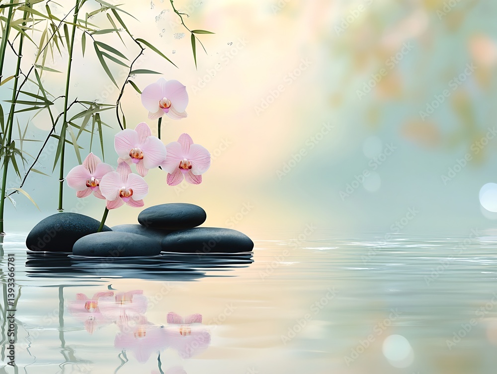 Aufkleber charming arrangement of pink orchids with smooth stones in gentle water reflection : generative ai