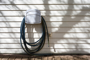 Hose reel, wall mounted hanger, with garden hose coiled up on the exterior wood siding wall of...