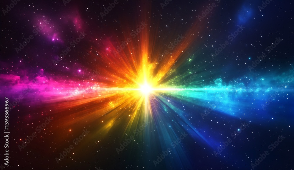 Poster Radiant light bursting forth in a spectrum of colors across the starry universe creating cosmic beauty : Generative AI