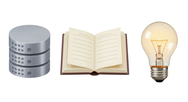 Isolated Database, Book and Light Bulb for Knowledge and Ideas
