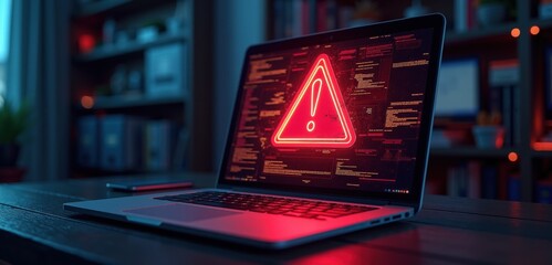 A laptop displays a red warning symbol amidst code, highlighting cybersecurity concerns in a dimly lit workspace.