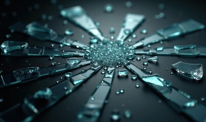 A striking close-up of shattered glass and droplets, conveying themes of fragility and disruption. Perfect for designs related to technology, safety, or art.