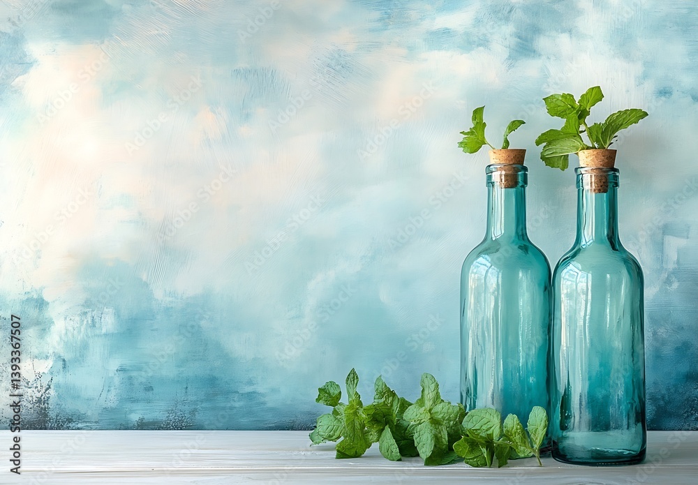 Poster two glass bottles with cork and mint sprigs on rustic table stylish still life with natural light : 