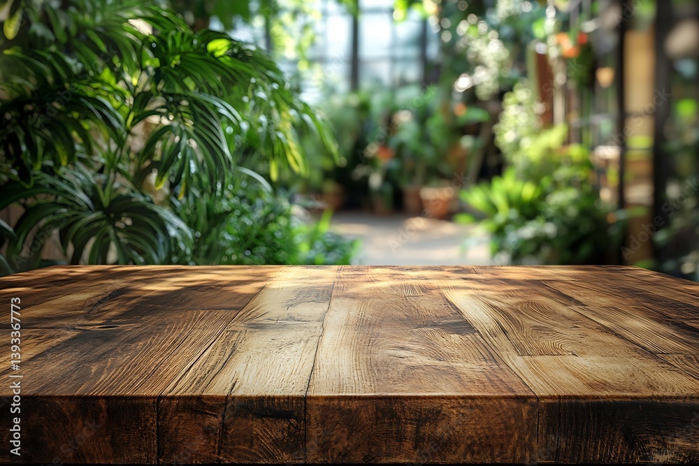 Poster Rustic Wooden Table with Lush Greenery Backdrop in a Garden Setting for Outdoor Dining and Nature Photography : Generative AI