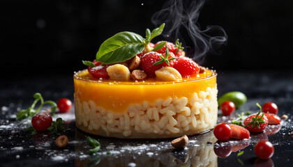 Delicious mango souffle garnished with fruits, haute cuisine elegance