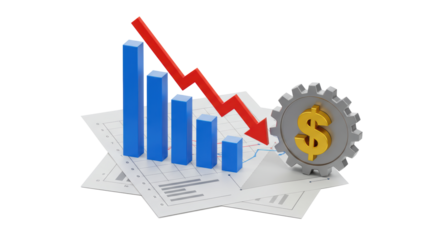 Isolated Graph with Downward Arrow, Dollar Sign, and Gear for Financial Decline