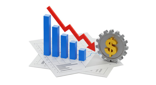 Isolated Graph with Downward Arrow, Dollar Sign, and Gear for Financial Decline