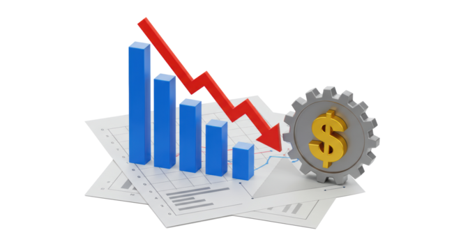Isolated Graph with Downward Arrow, Dollar Sign, and Gear for Financial Decline