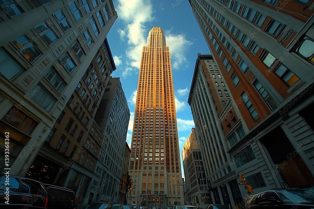 Poster urban architecture view upward to tall building skyscrapers against blue sky cityscape perspective :