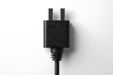 Obraz premium A black power adapter plug with a detachable cord, smooth matte finish, sharp texture details, hyper-realistic, isolated on solid white background.