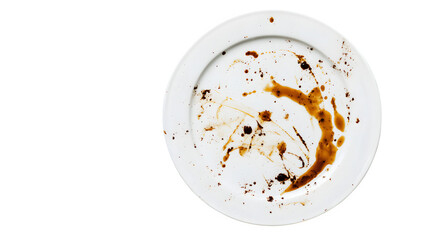 Obraz premium Dirty white plate with oil and smeared sauce on a white background --ar 16:9