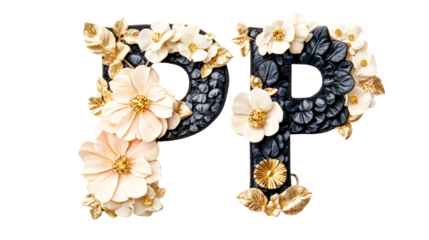 Floral Letters "PP" Decor, Elegant Alphabet Design, cut out transparent