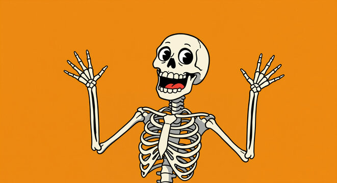 Joyful cartoon skeleton with open eyes and big smile raised hands in excitement against vibrant orange backdrop