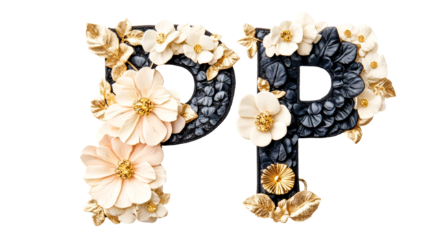 Floral Letters "PP" Decor, Elegant Alphabet Design, cut out transparent