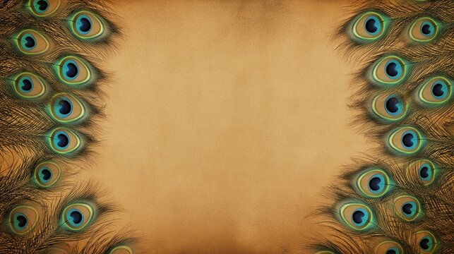 Colorful peacock feathers border a neutral background with vibrant eyespots for aesthetics and design