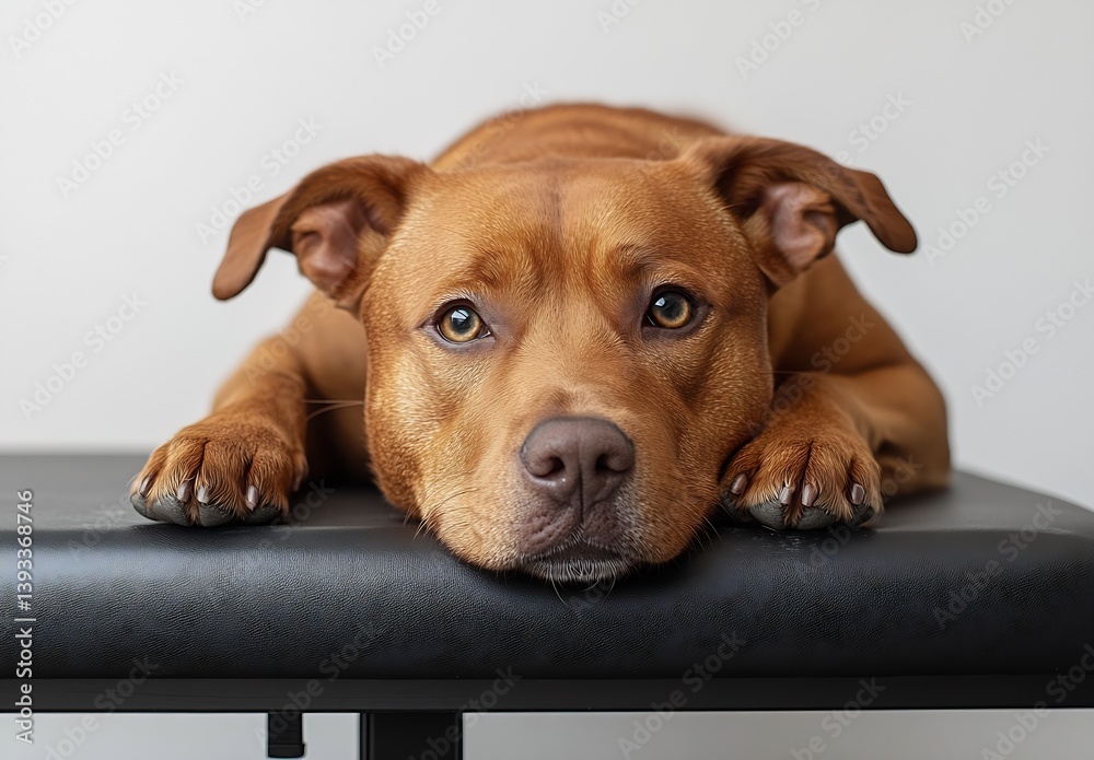 Poster Thoughtful brown dog lying down with a serious expression on a sleek surface : Generative AI