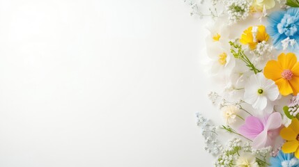 Floral arrangement on white background.  A variety of colorful flowers, arranged in a gentle border along the right edge of the image, against a blank white backdrop.  Delicate petals and stems