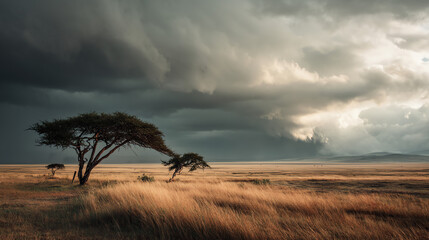 A windswept savanna under dramatic sky
