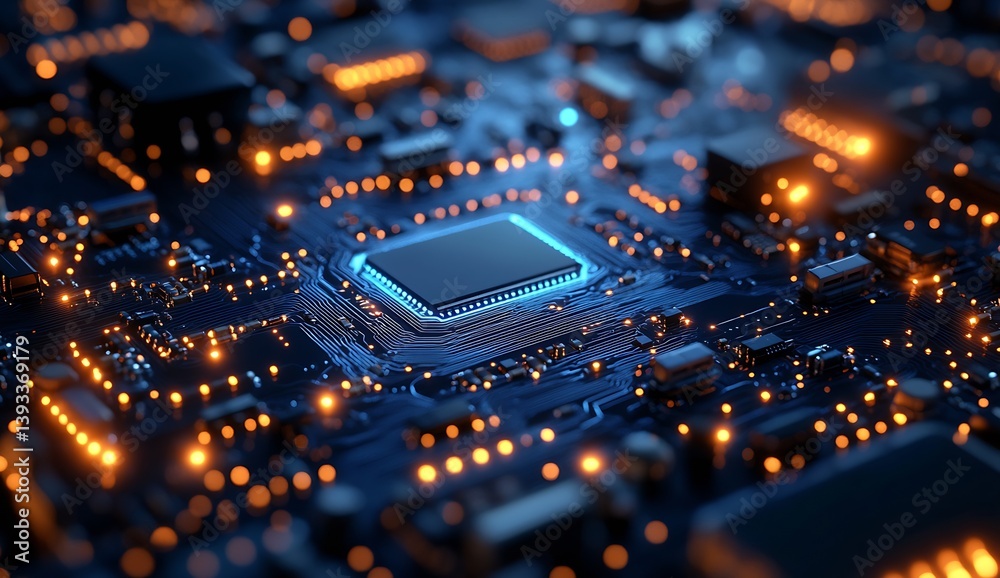 Poster Close Up View of High Tech Circuit Board with Blue Lights Illuminating Microchips in a Modern Design : Generative AI