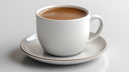 Fototapeta premium A ceramic coffee cup with a saucer, modern and elegant style, perfectly balanced composition, hyper-realistic, isolated on solid white background.