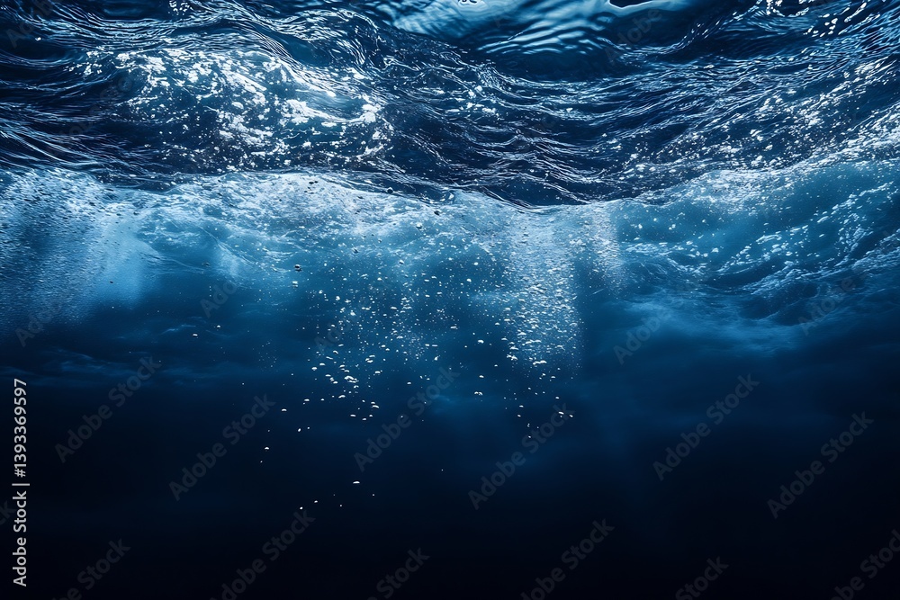 Aufkleber Underwater View of Ocean Surface with Sunbeams and Bubbles in Deep Blue Sea Photograph : Generative AI