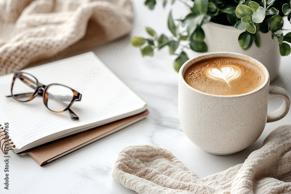 Poster cozy coffee break with heart latte notebook and glasses on marble table perfect for lifestyle and cr