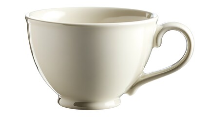 A classic white ceramic coffee cup with a smooth curved handle and glossy finish, ultra-detailed, isolated on solid white background.