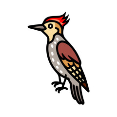 Illustration of a cartoon woodpecker bird with red crest and grey feathers on transparent background