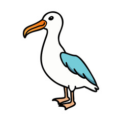 Cute cartoon seagull vector drawing illustration of a bird with blue wings on transparent background