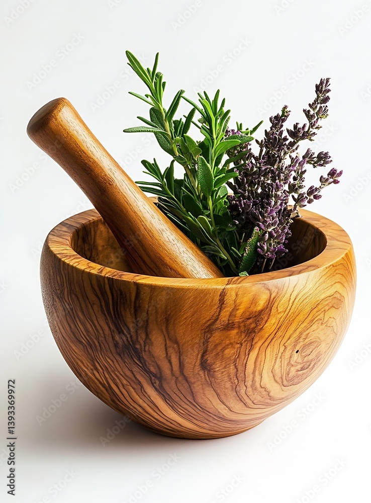 Poster beautiful display of rosemary and lavender in a wooden bowl with rustic mortar for natural remedies 