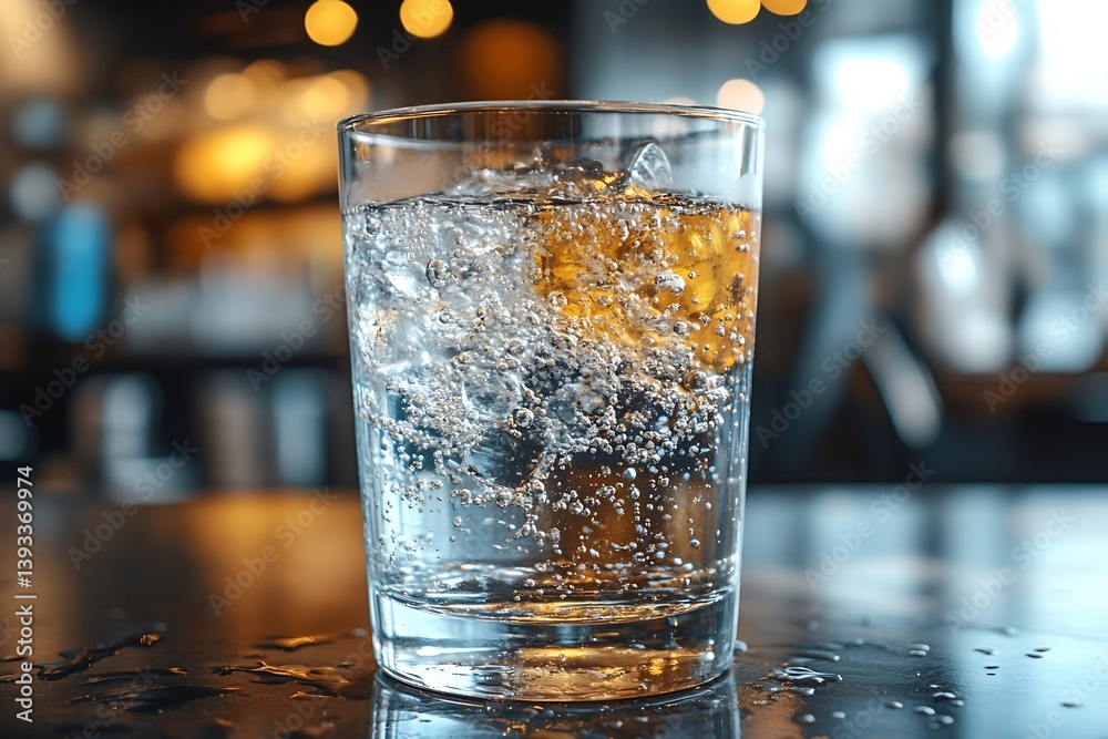 Aufkleber refreshing glass of sparkling water with bubbles and light reflections hydration and clean drinking 