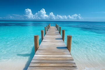Fototapeta premium Tranquil Ocean View with Wooden Pier Leading to Azure Water and Cumulus Clouds on a Sunny Day Tropical Paradise : Generative AI