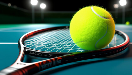 Close-up of a tennis ball resting on a racket against a vibrant blue tennis court background, capturing the essence of the sport