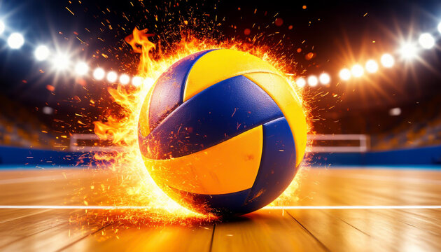 A volleyball engulfed in flames and sparks, set against a vibrant stadium backdrop, captures the intensity and excitement of competitive sports.